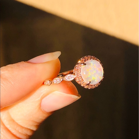 Round Fire Opal Rose Gold Ring - Picture 3 of 8
